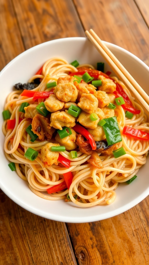 A delicious bowl of stir-fried noodles with vegetables and protein, garnished with green onions.